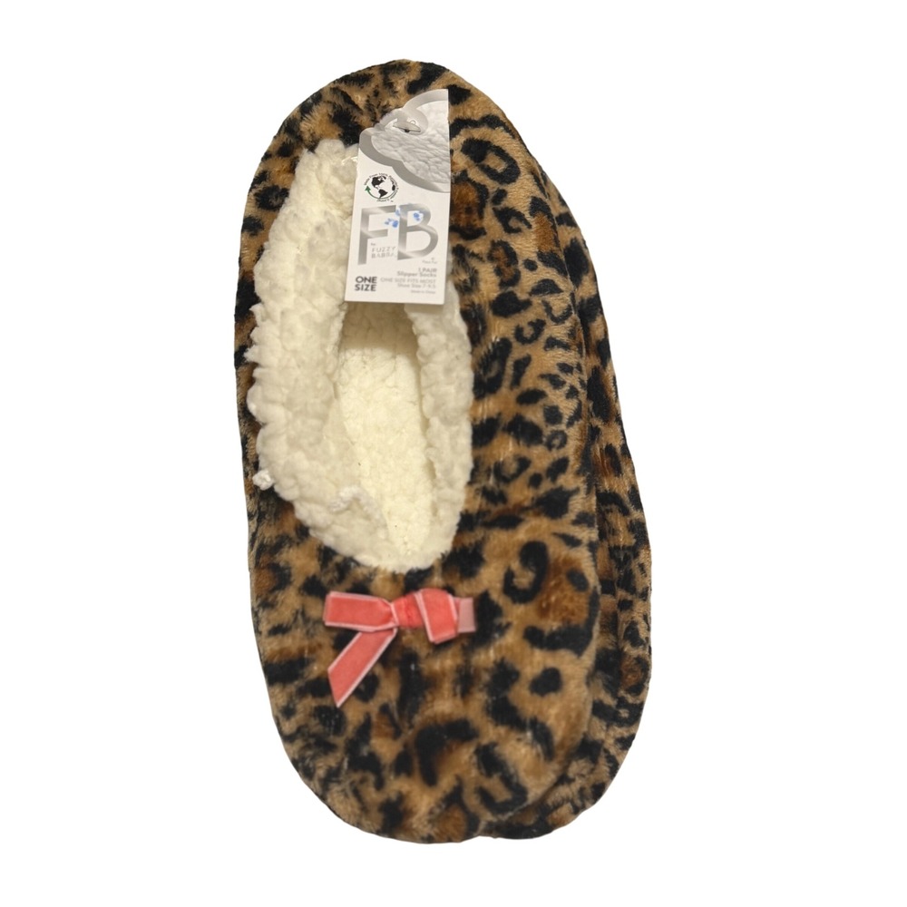 Fuzzy Babba Slipper Socks Leopard Brown Bow Faux Fur Sherpa Lined OS Womens